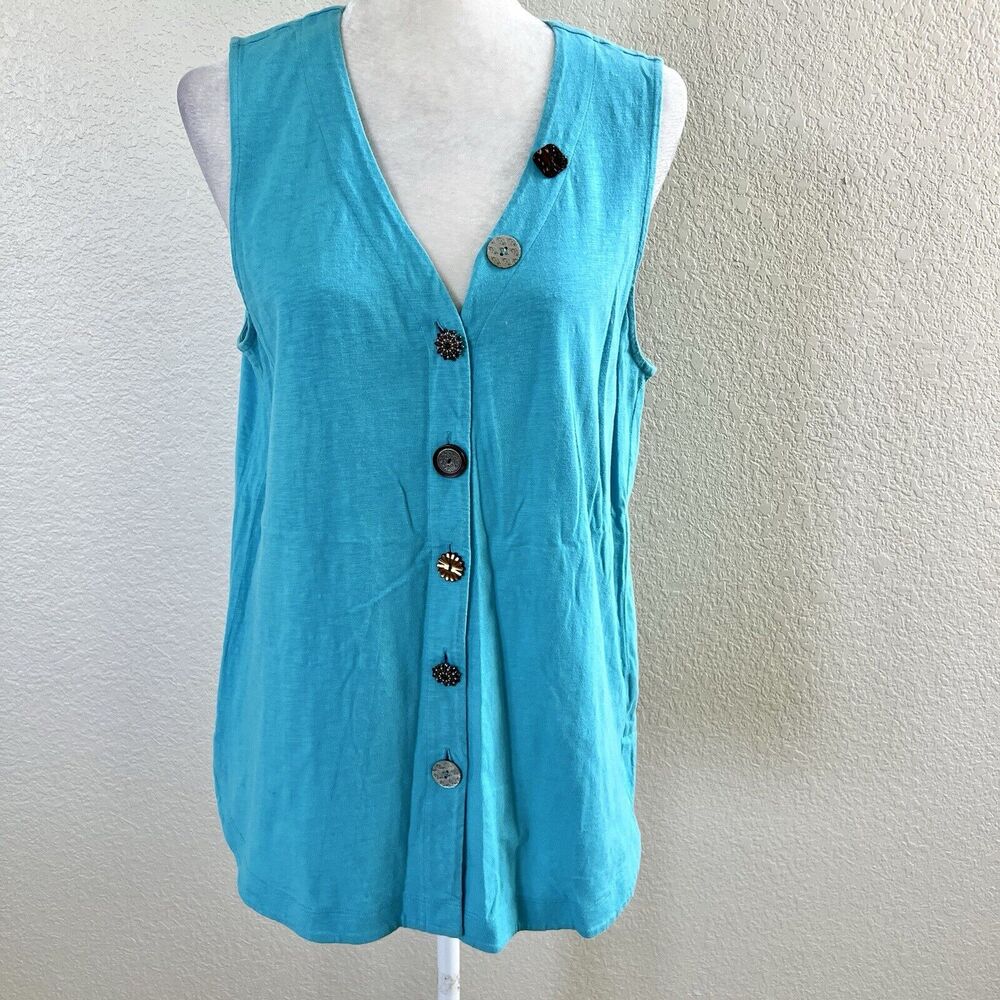 Soft Surroundings Sz Medium Teal Blue Tunic Dress Sleeveless Beaded Button Up